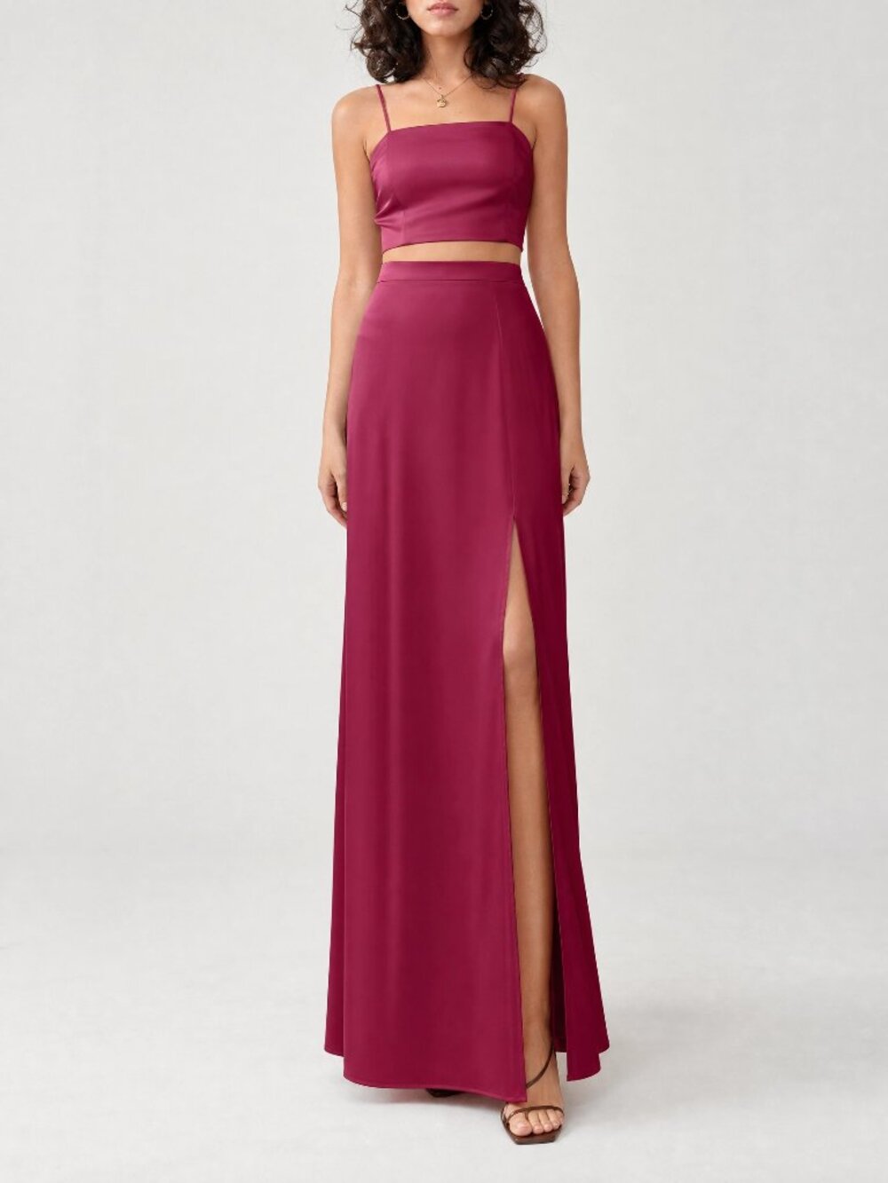Fame & Partners Burgundy Satin Two-Piece Set | Straight Neck Crop Top & High Sli